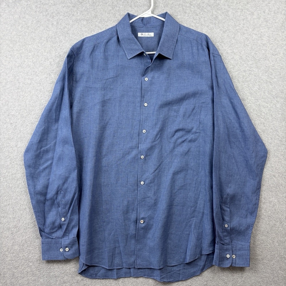 Loro Piana Shirt Mens 5XL (Fits 3XL) Blue Linen Long Sleeve Button Up Italy